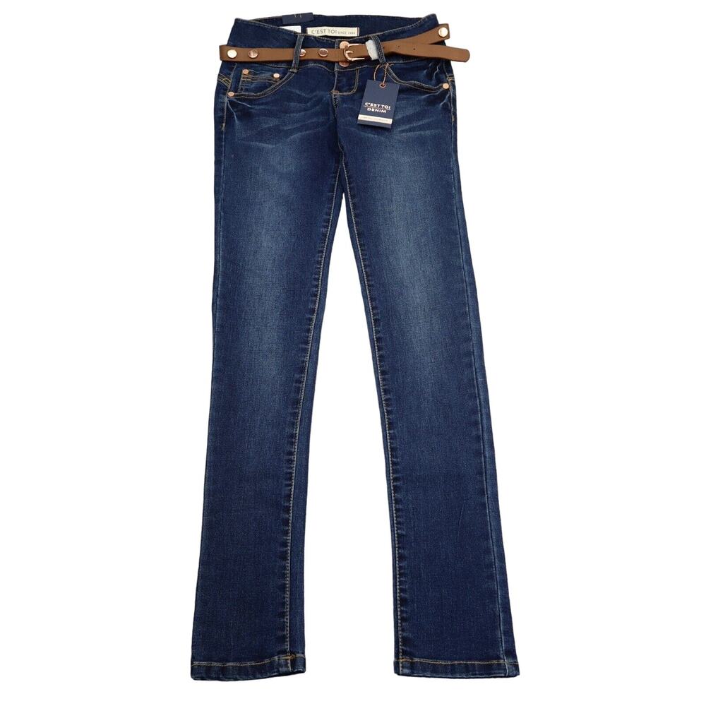 C est Toi Pants Womens 3 Blue Skinny Low Rise Belted Zip Dark Wash Denim Jeans